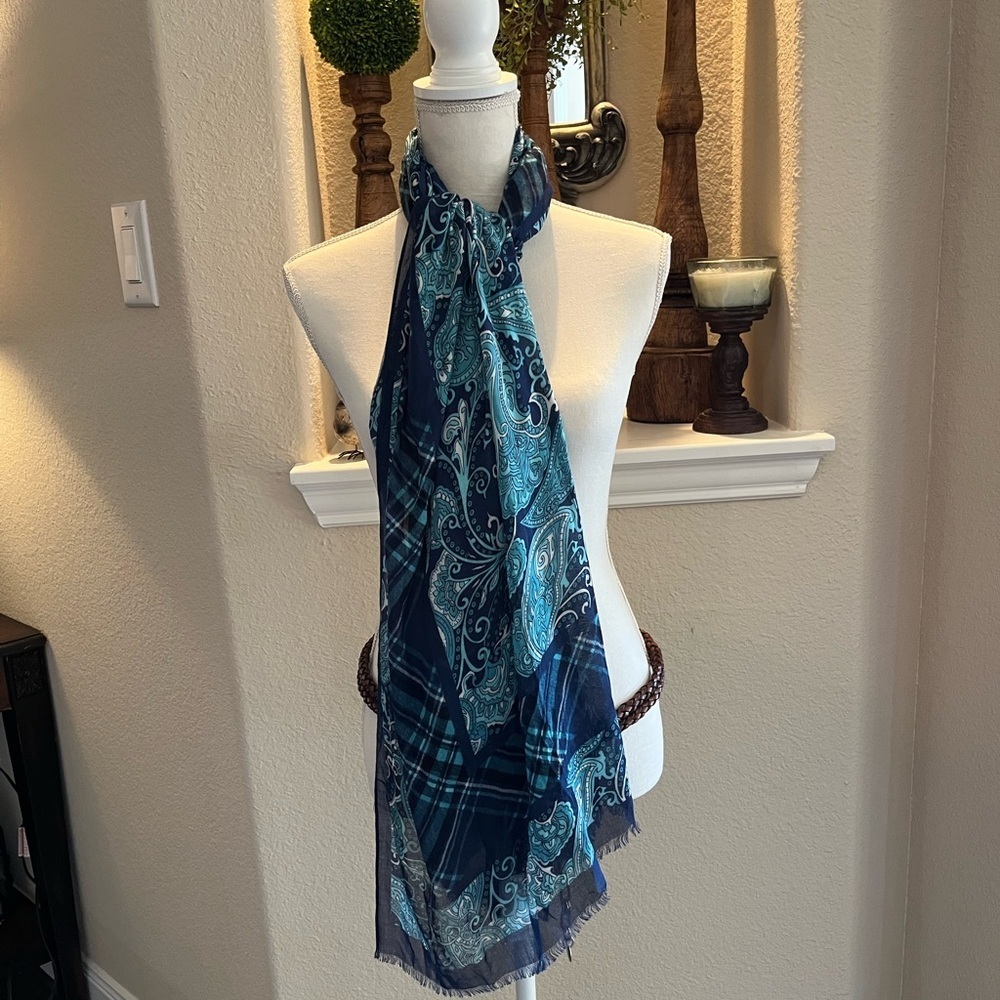 Talbots Teal and Navy White Paisley and Plaid Pattern Blue Tones Lightweight - Picture 5 of 10